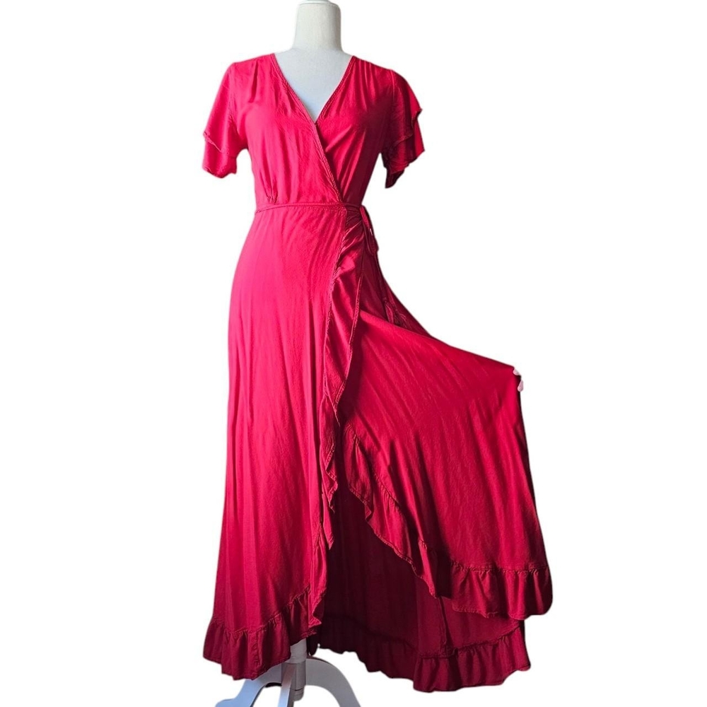 ROVE Vibrant Red Maxi Wrap Dress with V-neckline and Ruffled Hem|Size Medium